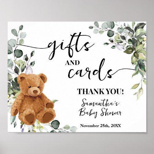 Gift  Cards Bear Greenery Eucalyptus Baby Shower Poster
