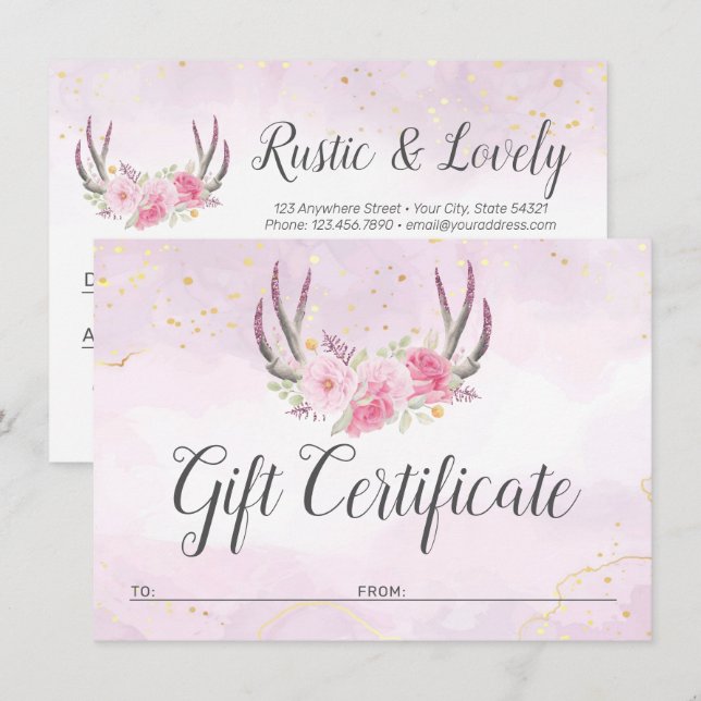 Gift Certificate Blush Pink Gold Antlers Chic Card (Front/Back)