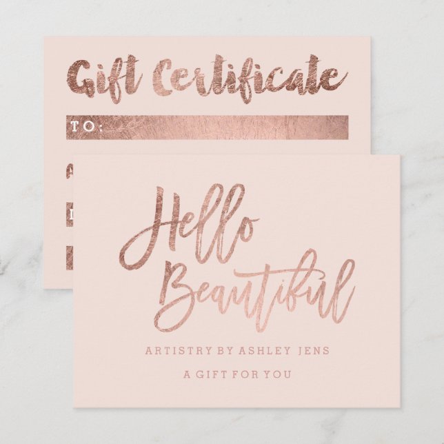 Gift certificate blush rose gold hello beautiful invitation (Front/Back)