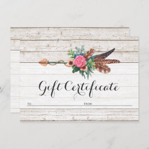 Gift Certificate Bohemian Feather Arrow Rose Card
