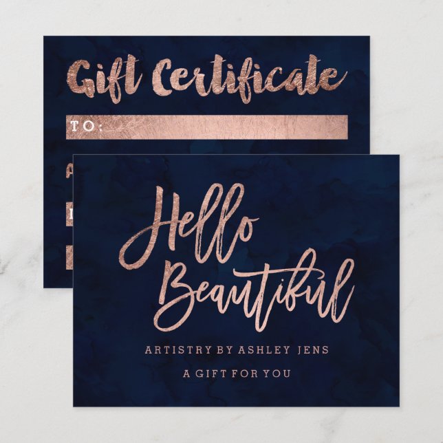 Gift certificate chic rose gold hello navy blue invitation (Front/Back)