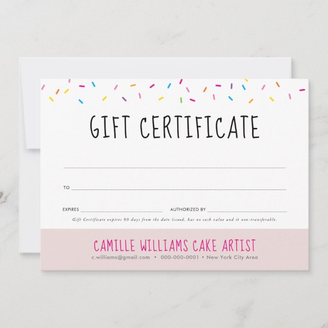 GIFT CERTIFICATE cute fun colorful sprinkles baker (Front)