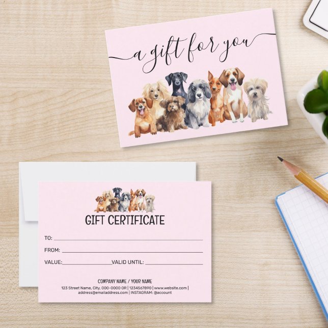 Gift Certificate Dog Grooming Pet Sitting Vet (cute watercolor dogs puppies on the blush pink background, gift certificate for groomers pet sitting)