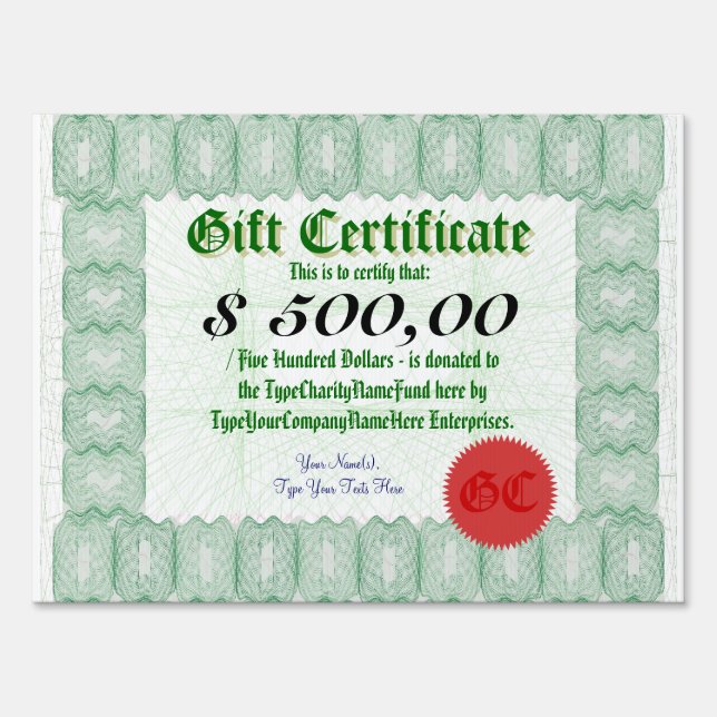 Gift Certificate Donation Large Presentation Check Sign (Front)