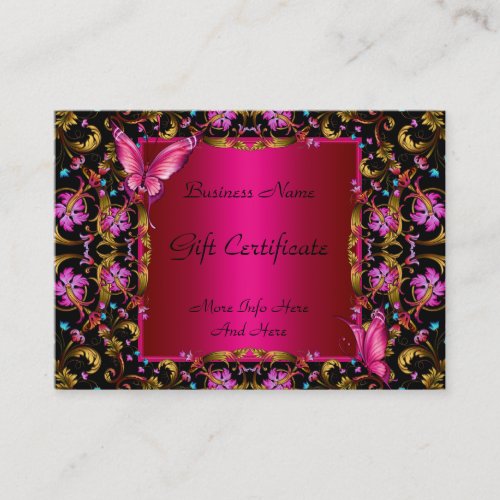 Gift Certificate Elegant Floral Gold Pink Black Business Card Template