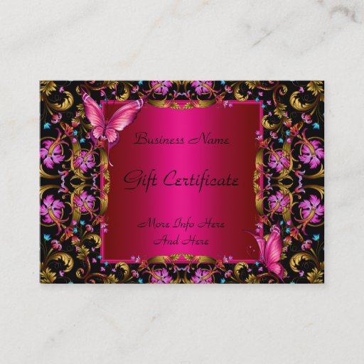 Customizable Gift Certificate Elegant Floral Gold Pink Black Business Card Template