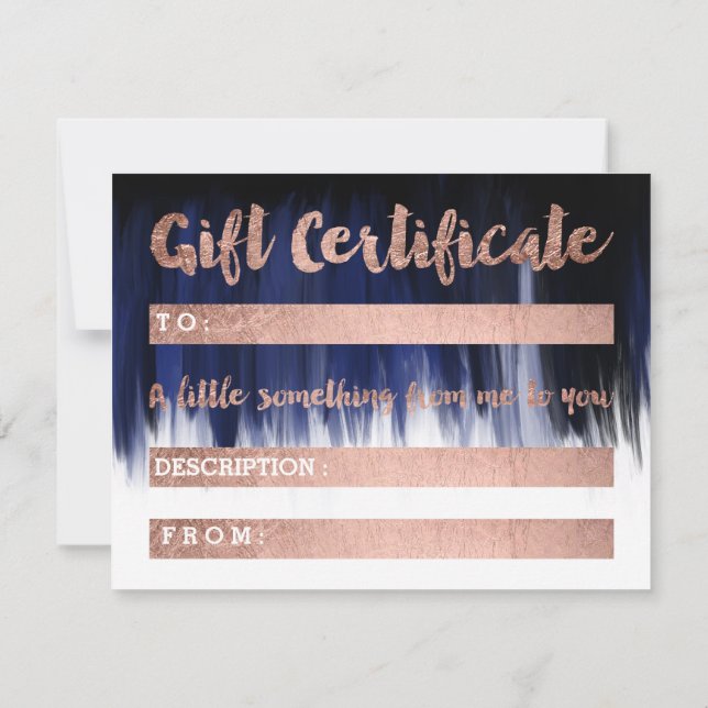 Gift certificate faux chic rose gold hello blue invitation (Back)