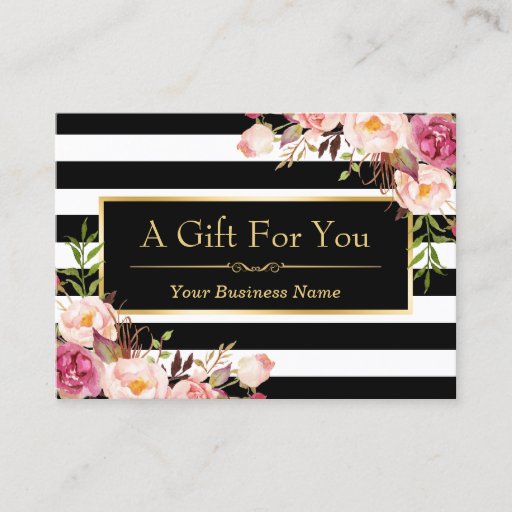 Customizable Gift Certificate Gold Floral Black White Stripes Large Business Card
