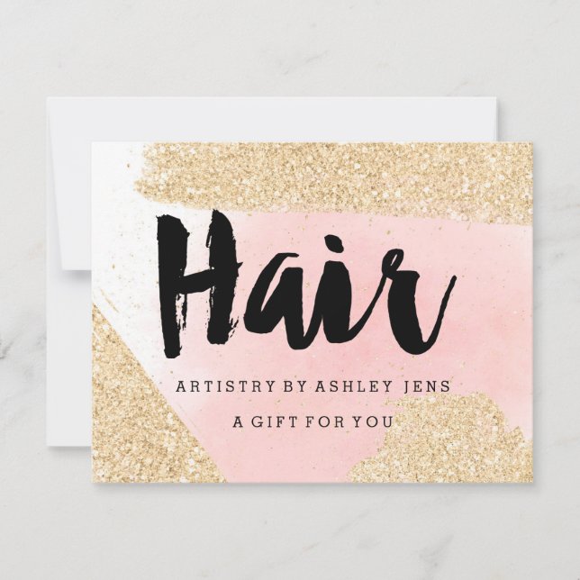Gift certificate gold glitter pink hair script (Front)