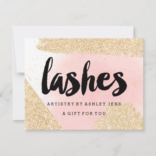 Gift certificate gold glitter pink lashes script