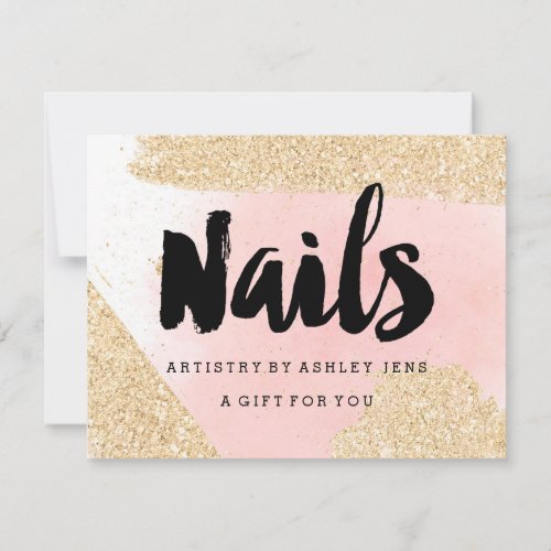 Gift certificate gold glitter pink nails script