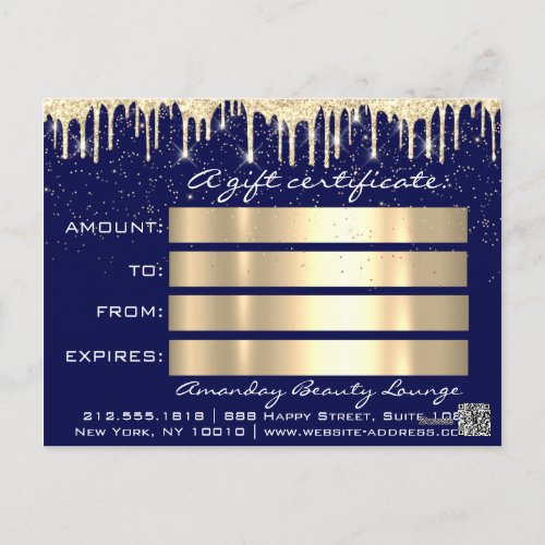 Gift Certificate Golden Drips Holidays Blue Navy Postcard