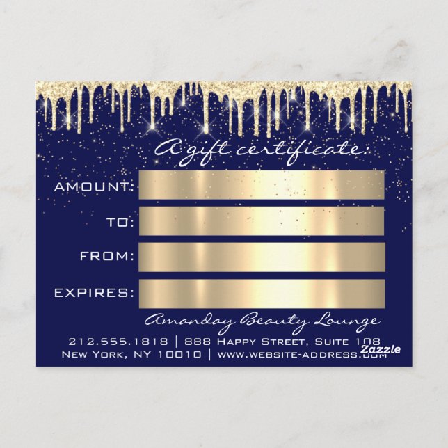 Gift Certificate Golden Drips Holidays Blue Navy Postcard (Back)
