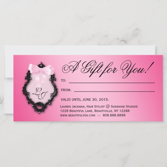 Gift Certificate Hair Salon Stylist Bows Pink (Front)