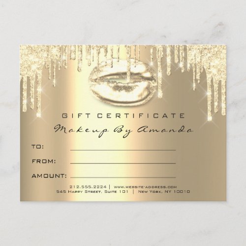 Gift Certificate Lashes Kiss LIps Makeup Gold Postcard