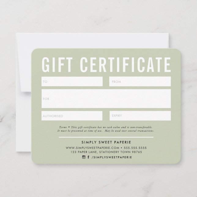 GIFT CERTIFICATE modern business pale sage green (Front)