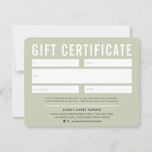 GIFT CERTIFICATE modern business pale sage green