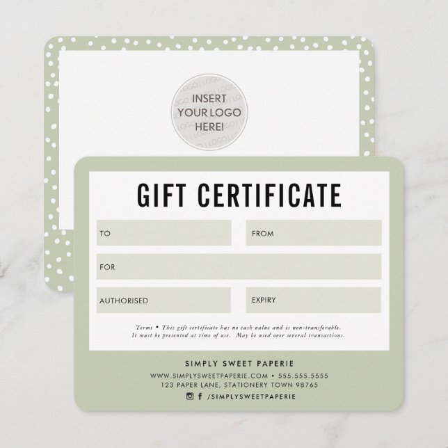 GIFT CERTIFICATE pretty business pale sage green (Front/Back)