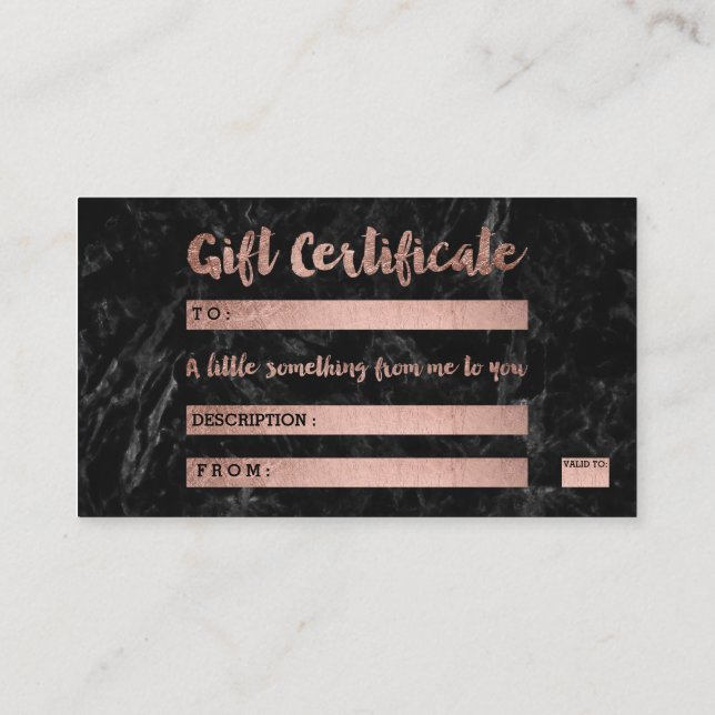 Gift certificate rose gold typography black marble (Back)