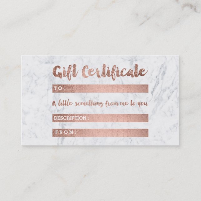 Gift certificate rose gold typography white marble (Back)