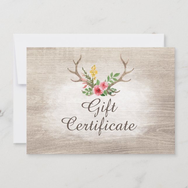 Gift Certificate Rustic Deer Antler Bohemian Rose (Front)