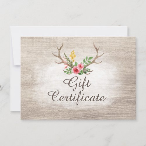 Gift Certificate Rustic Deer Antler Bohemian Rose