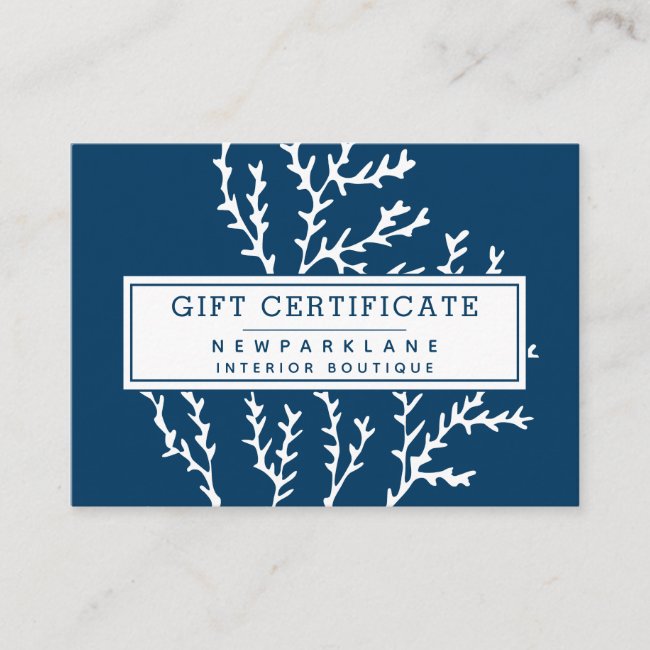 Gift Certificate Seaweed Pattern Ocean Theme Blue