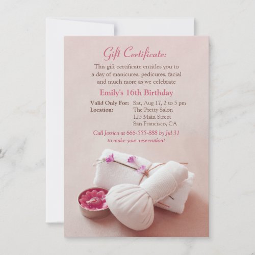 Gift Certificate Spa Birthday Party Invitations