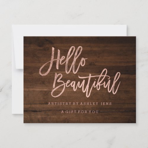 Gift certificate wood rose gold hello invitation