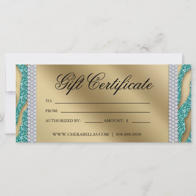 Gift Certificates Tanning Salon Jewelry Teal Gold (Front)