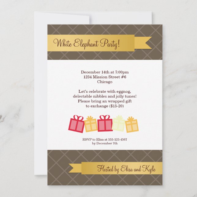 Gift exchange gold ribbon brown Christmas party Invitation (Front)