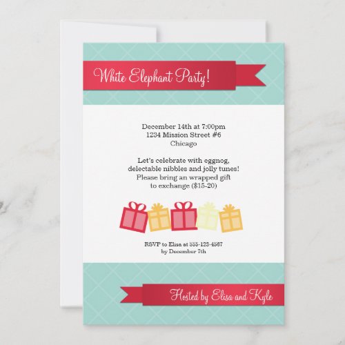 Gift exchange red ribbon ice blue Christmas party Invitation