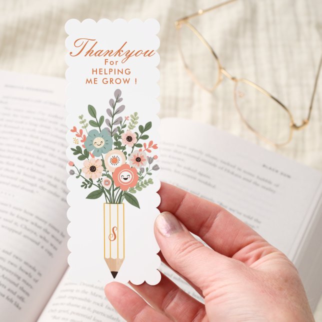 Gift for Best Teacher Floral Pencil Monogram Bookmarks (Hand)