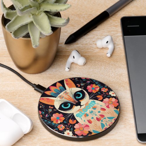 Gift for Cat Lovers Bloom Cute Floral Siamese Cat Wireless Charger