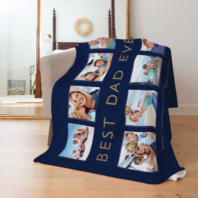 Gift for Dad | Best Dad Ever Photo Collage Navy Fleece Blanket (Creator Uploaded)