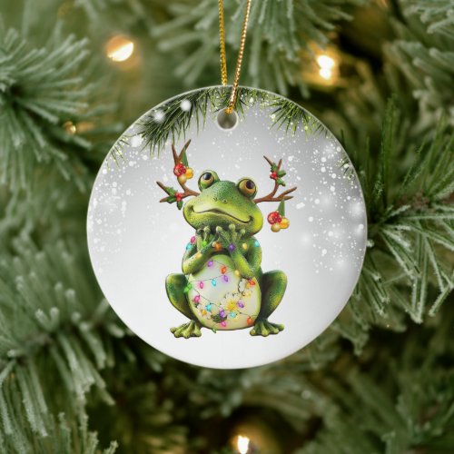 Gift For Frog Lover Flowers Green cottagecore Ceramic Ornament