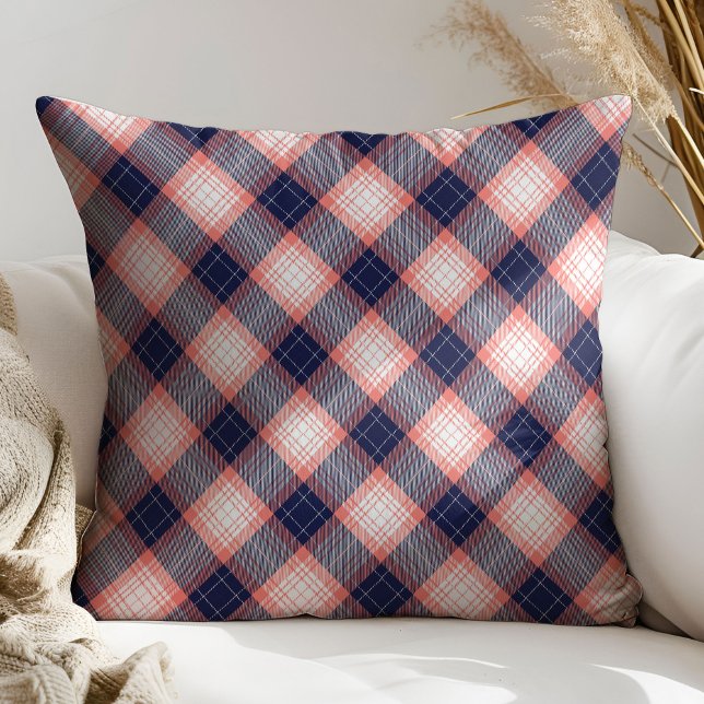 Gift for Girls Coral Navy Plaid Pillow Accent (Gift for Girls Coral Navy Plaid Pillow Accent)