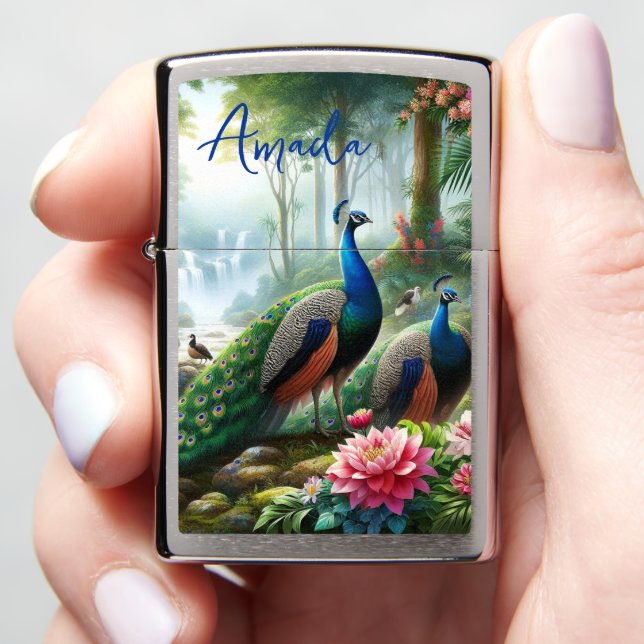 Gift for Her AI Peacock Zippo Lighter (In Hand)