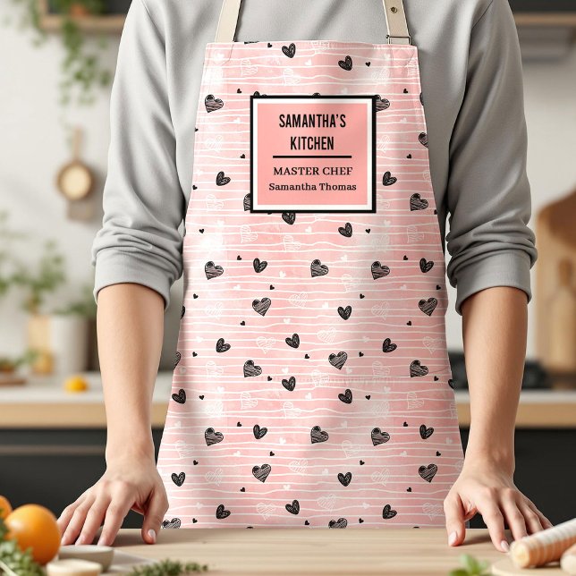 Gift for Her Pink Black Heart Love Valentine Apron (Gift for Her Pink Black Heart Love Apron)