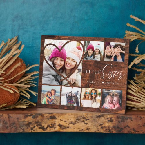 Gift For Little Sister 7 Photo Collage Woodgrain Plaque