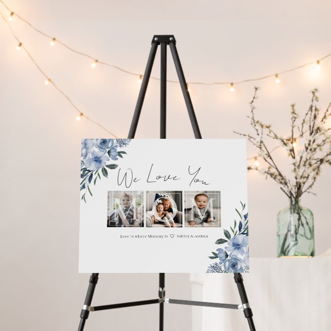 Gift for Mom 3 Photo Collage Blue Floral Foam Board (In Situ (Stand))