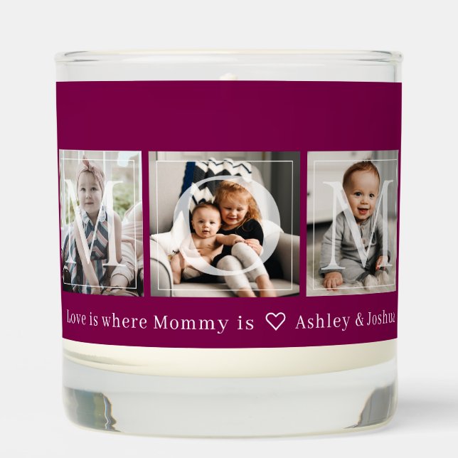 Gift for Mom 3 Photo Collage Burgundy Scented Candle (Front)