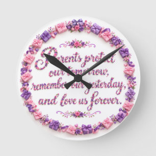 Gift for Mom Dad Parents Love Quote Purple Floral Round Clock