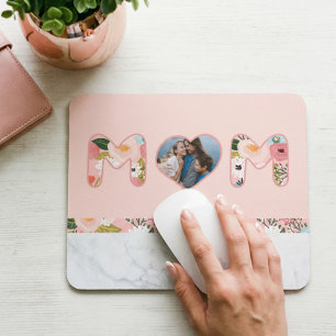 Gift For Mom Heart Photo Frame Pink Marble Floral Mouse Pad