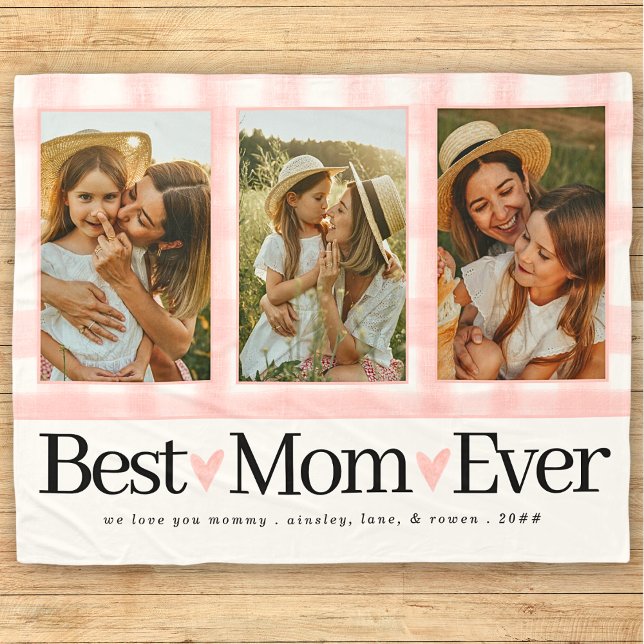 Gift for Mom Mothers Day Photo Best Mom Gingham Fleece Blanket (Creator Uploaded)