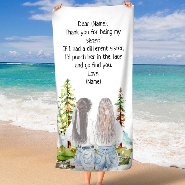 Gift for Sister with Custom Message Beach Towel (Watercolor Landscape with 2 Girls Custom Message Beach Towel)