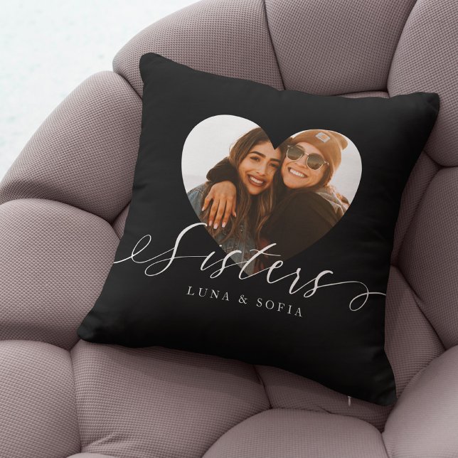Gift For Sisters | Heart Photo Sisters Script Throw Pillow (Creator Uploaded)