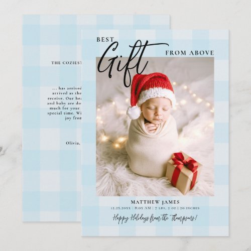 Gift from Above Blue Checks Modern Baby Christmas Holiday Card
