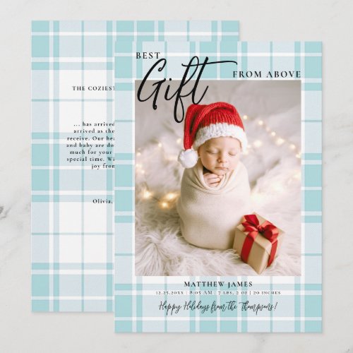 Gift from Above Blue Tartan Modern Baby Christmas Holiday Card