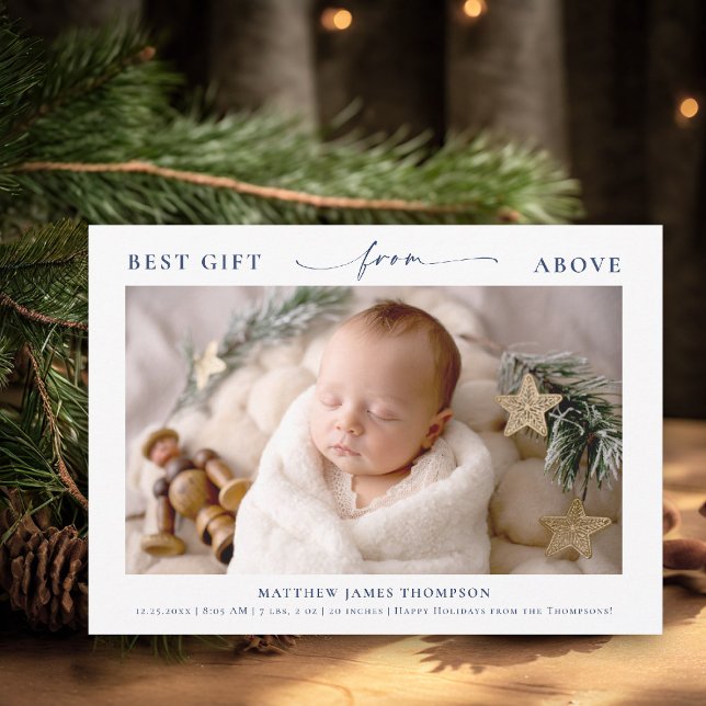 Gift from Above Elegant Blue Christmas Baby Photo Holiday Card (best gift from above baby christmas card minimalist simple photo calligraphy blue christian religion)